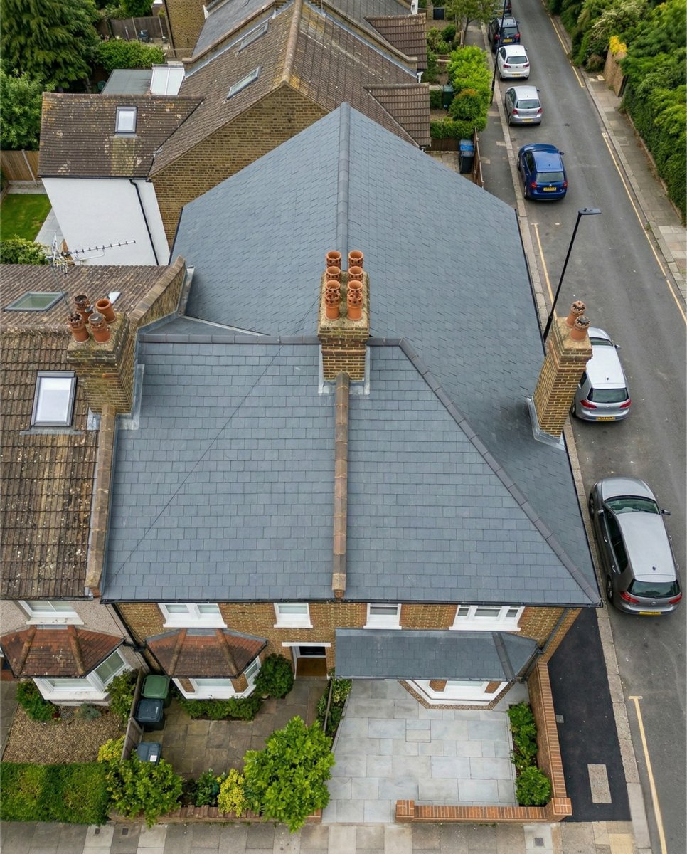 Completed natural slate roof from above on a London terraced house