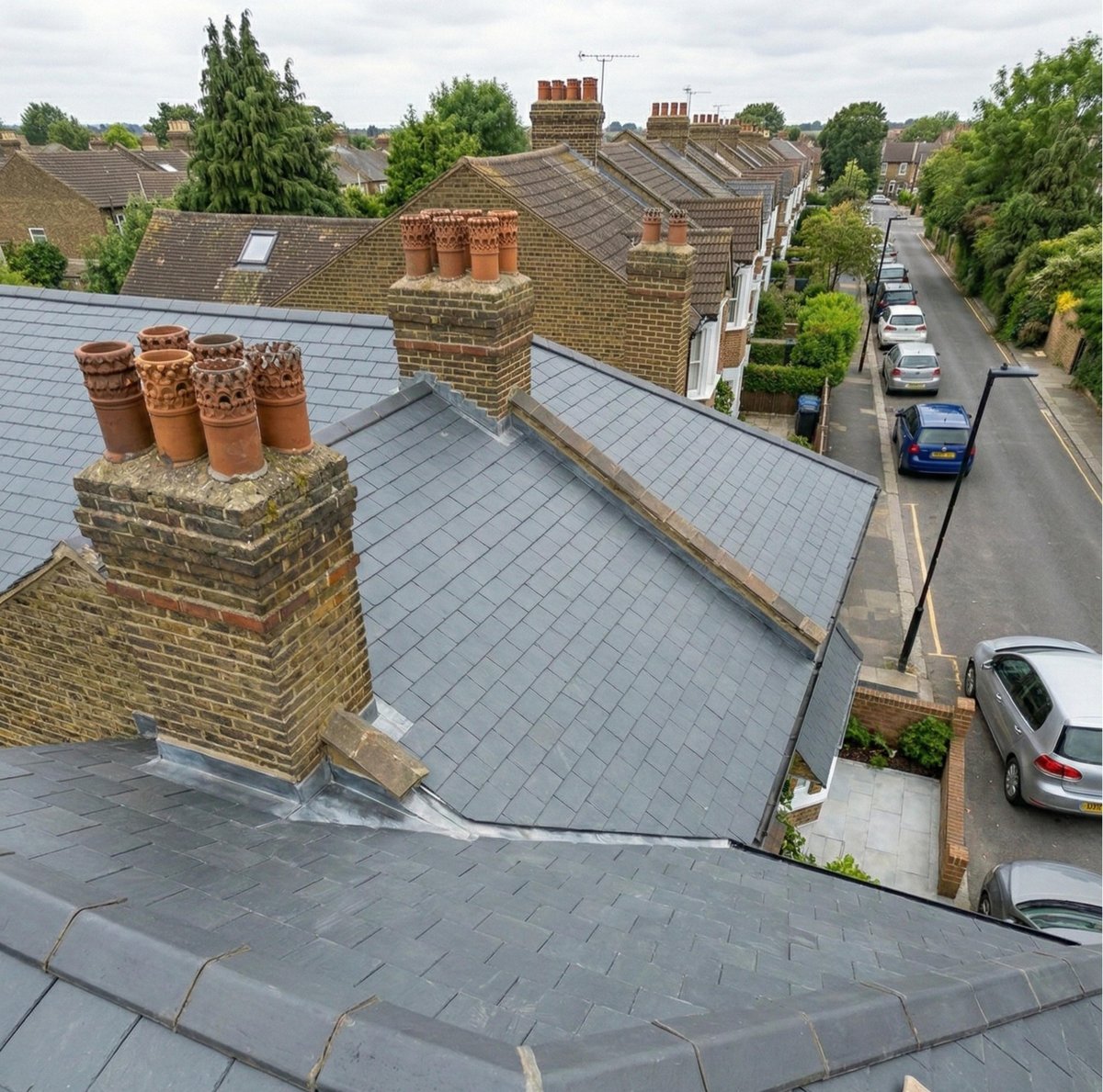 Finished natural slate roof with restored chimney stacks
